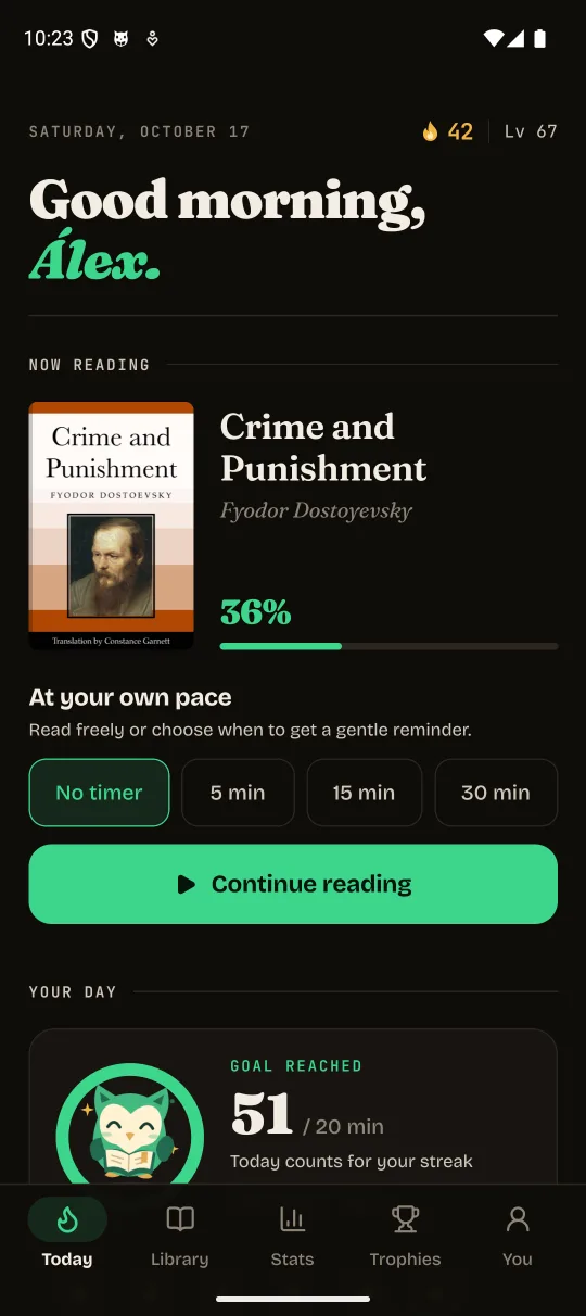 Ávido home: current book, reading progress and options for untimed reading or a reminder.