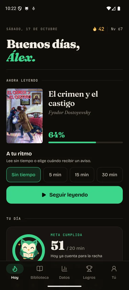 Inicio de Ávido: libro actual, progreso y opciones para leer sin temporizador o con un aviso.